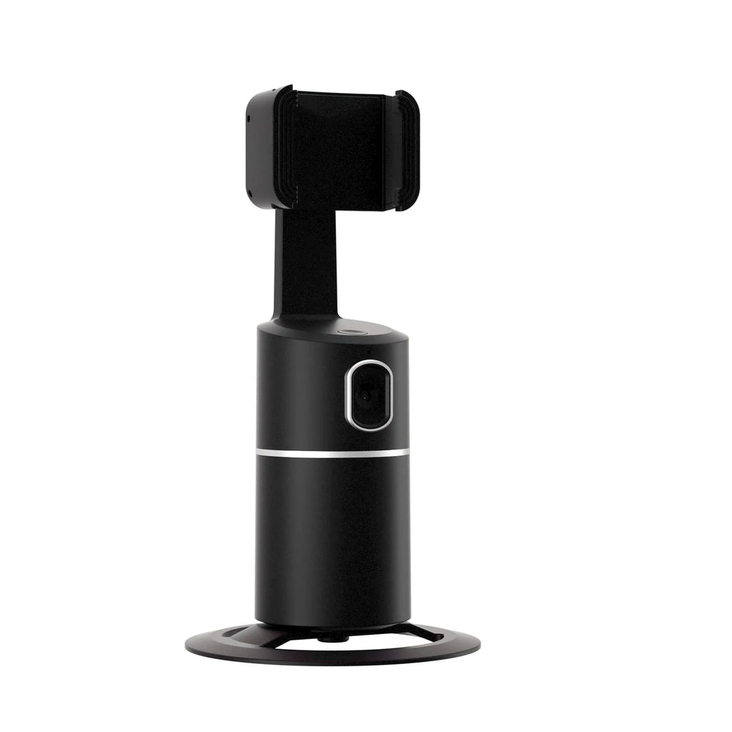 Smartphone tracking gimbal stabiliser showing 360-degree rotation capability and face-following technology