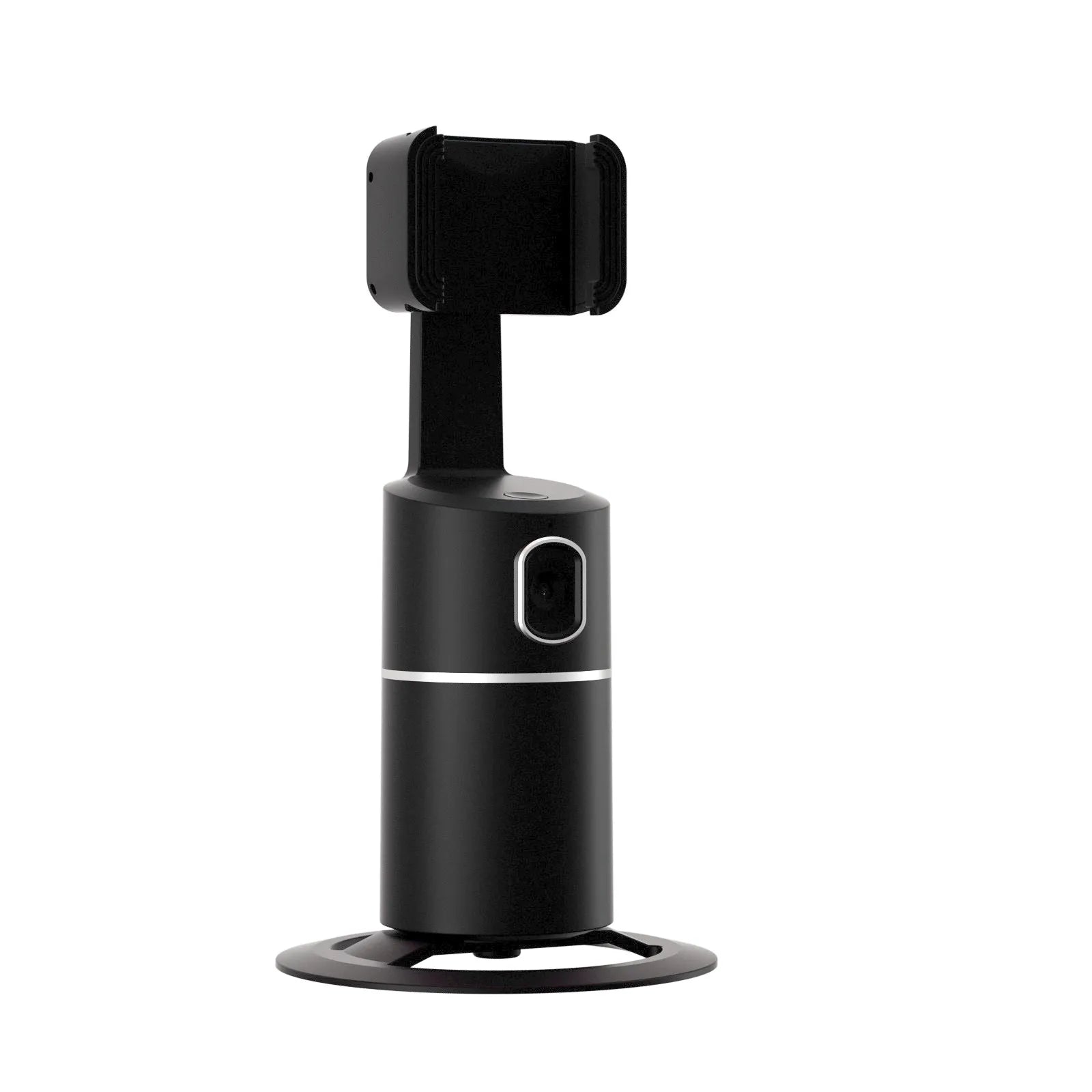 Smartphone tracking gimbal stabiliser showing 360-degree rotation capability and face-following technology