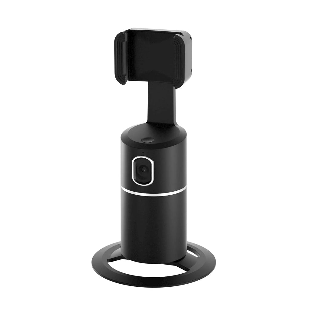 Smartphone tracking gimbal stabiliser showing 360-degree rotation capability and face-following technology