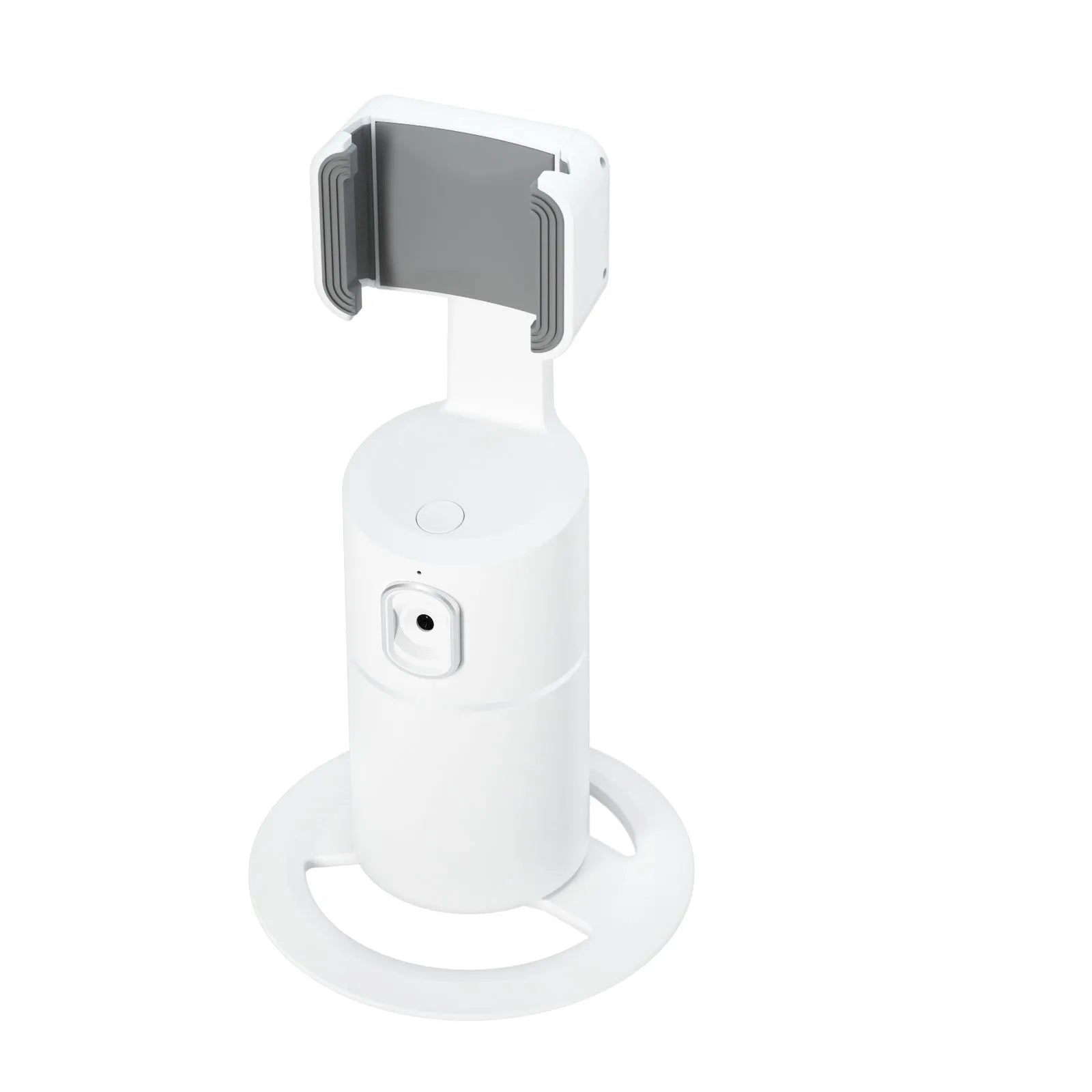Smartphone tracking gimbal stabiliser showing 360-degree rotation capability and face-following technology