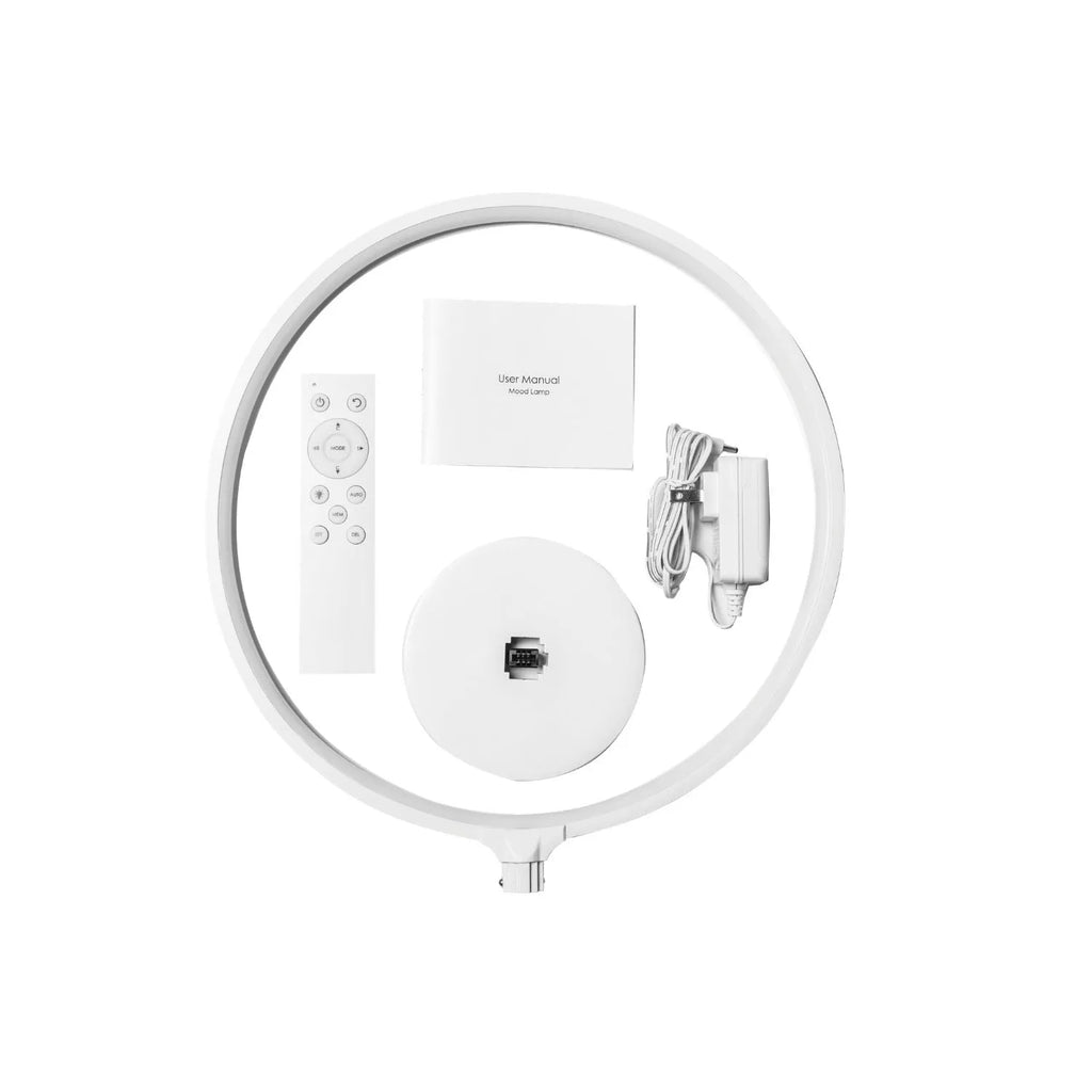 White Full Moon shaped LED table mood lamp with remote control on a wooden surface.