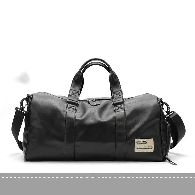 Large black waterproof PU leather sports training bag with a carry handle, shown open to reveal internal organiser pockets.