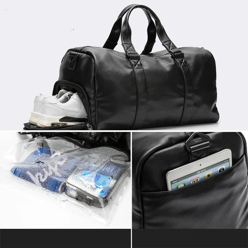 Large black waterproof PU leather sports training bag with a carry handle, shown open to reveal internal organiser pockets.