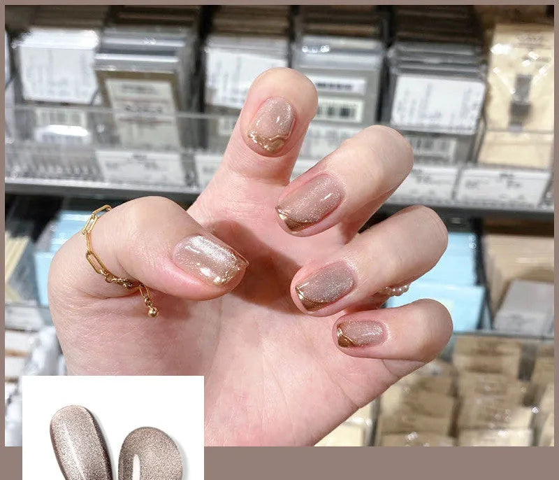 Milk tea crystal stone cat eye nail polish 10ml bottle with magnetic shimmer effect