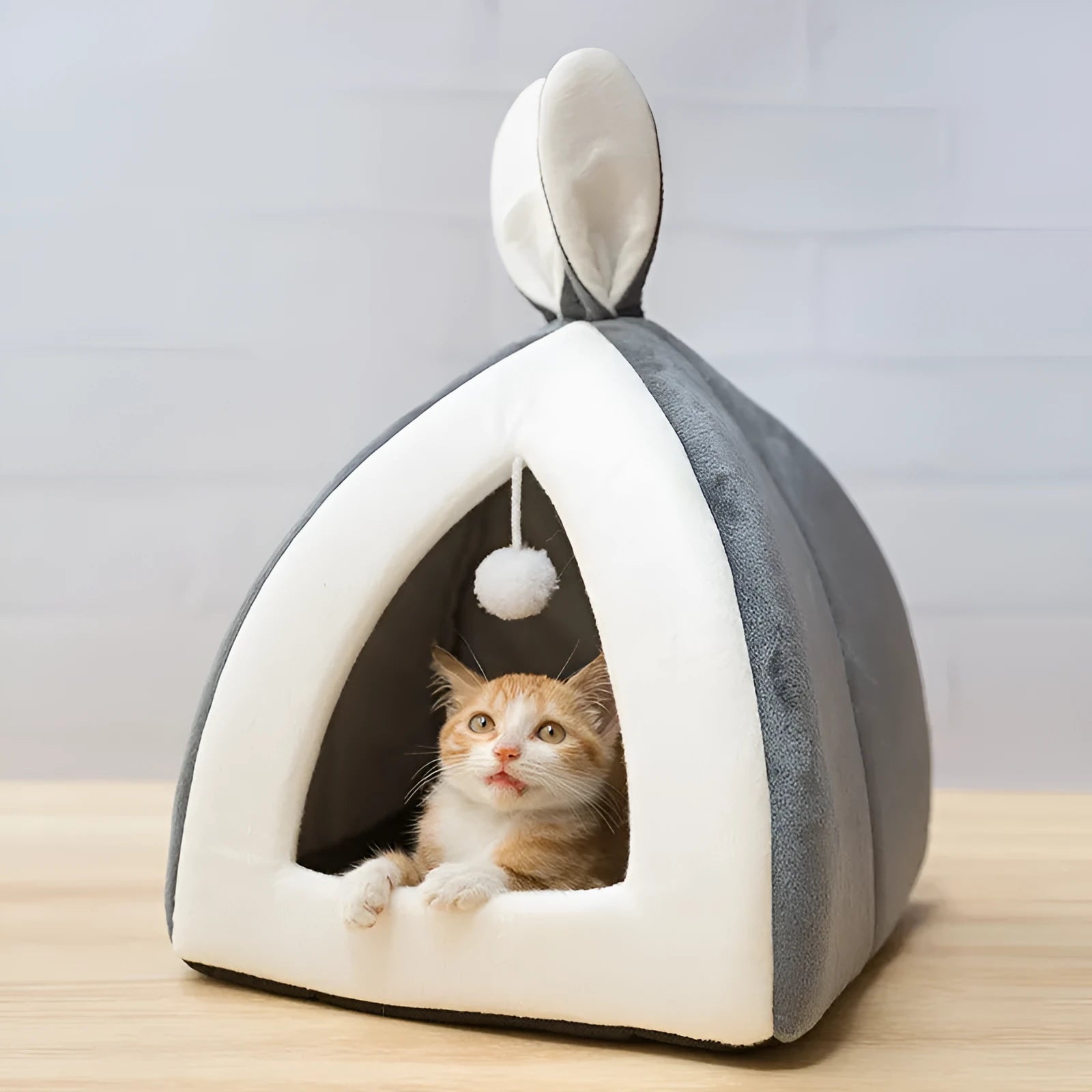Grey cloth cat house villa bed for cats and small dogs, shown in size L.