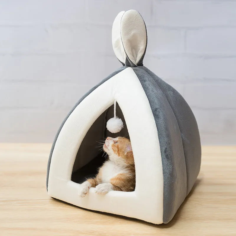 Grey cloth cat house villa bed for cats and small dogs, shown in size L.