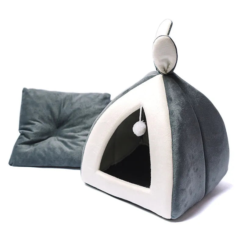 Grey cloth cat house villa bed for cats and small dogs, shown in size L.