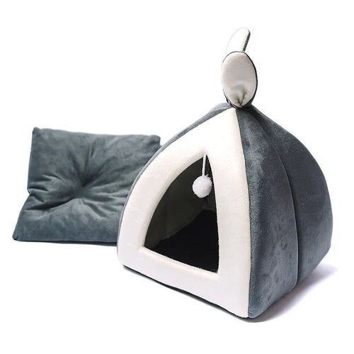 Grey cloth cat house villa bed for cats and small dogs, shown in size L.