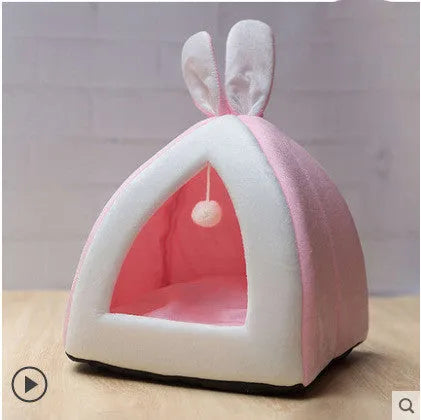 Grey cloth cat house villa bed for cats and small dogs, shown in size L.