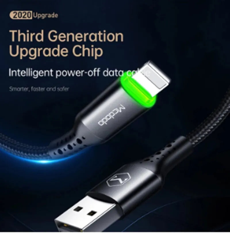 Black Apple charging cable with LED light showing fast charging and data sync capabilities