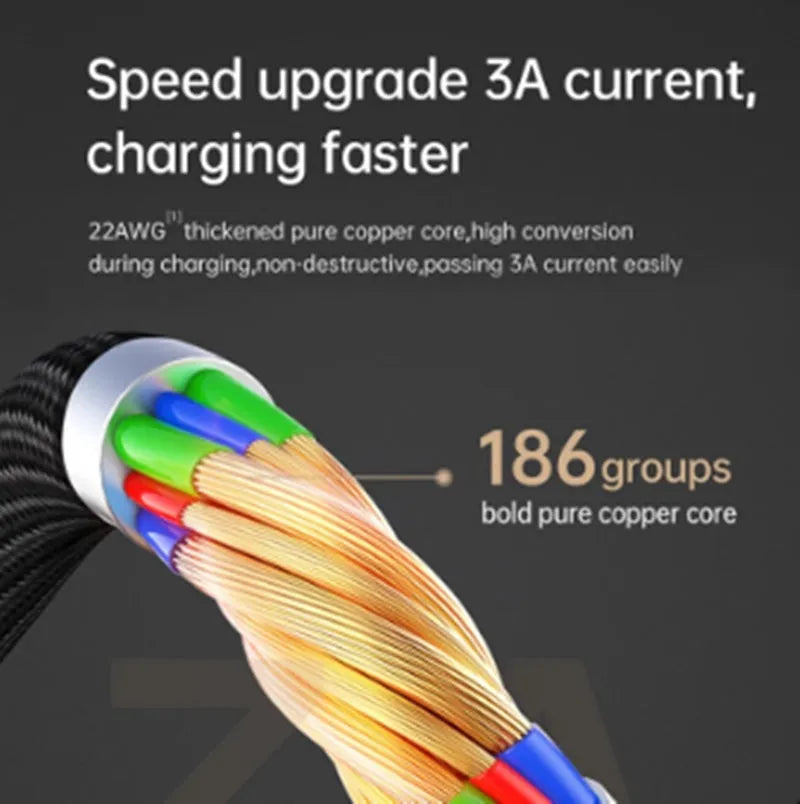 Black Apple charging cable with LED light showing fast charging and data sync capabilities