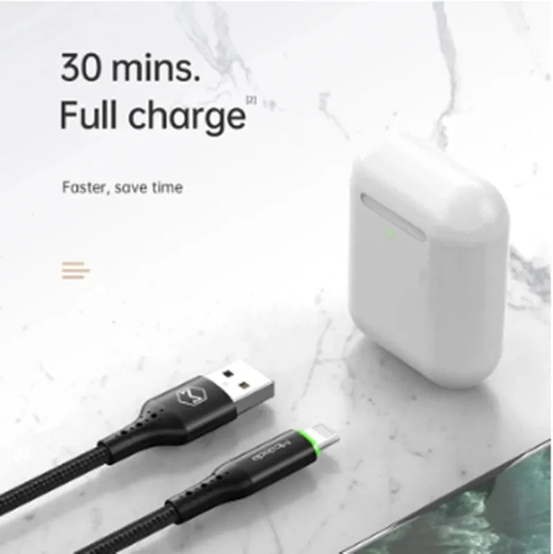 Black Apple charging cable with LED light showing fast charging and data sync capabilities