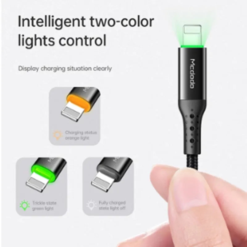 Black Apple charging cable with LED light showing fast charging and data sync capabilities