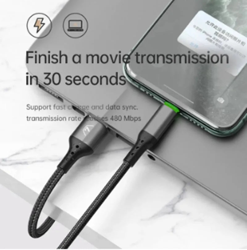 Black Apple charging cable with LED light showing fast charging and data sync capabilities