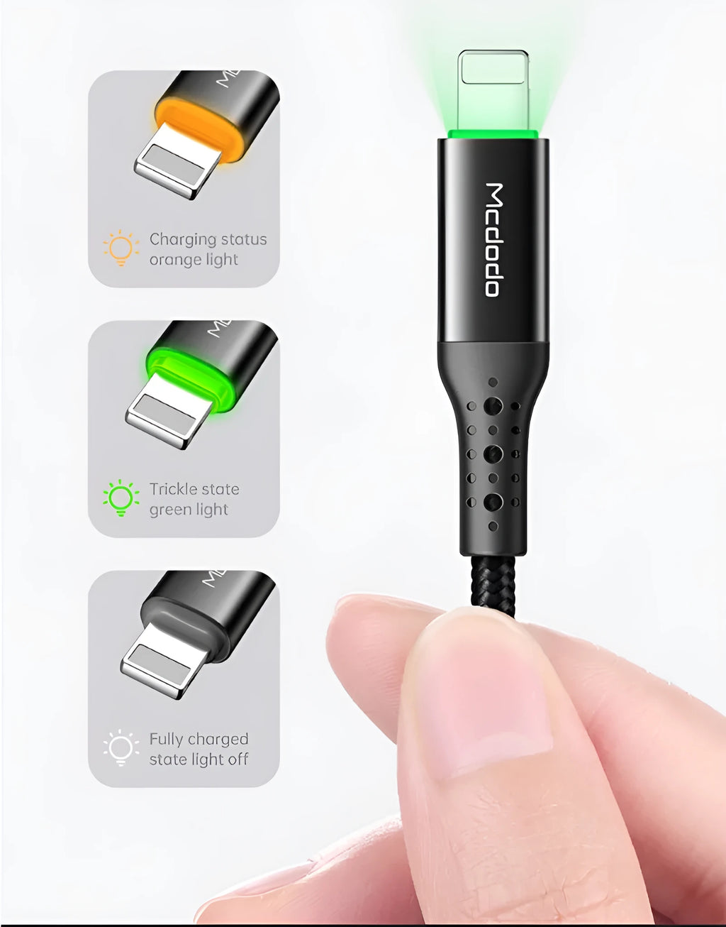 Black Apple charging cable with LED light showing fast charging and data sync capabilities