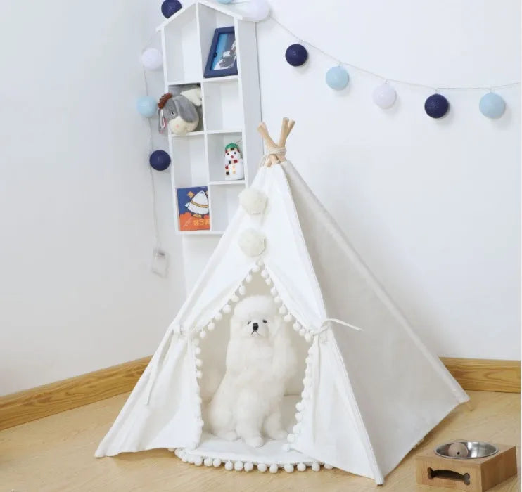 Canvas pet tent bed in teepee style with pine wood frame and removable cushion, suitable for cats and small dogs, size L shown.