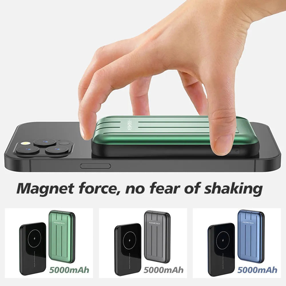 Magnetic wireless power bank 5000mAh for iPhone 12 with blue, grey, or light green colour options