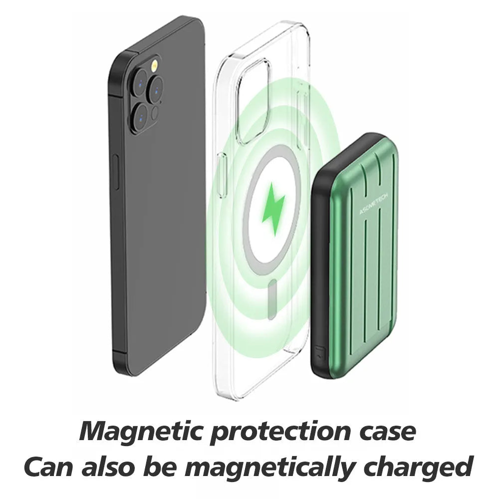 Magnetic wireless power bank 5000mAh for iPhone 12 with blue, grey, or light green colour options