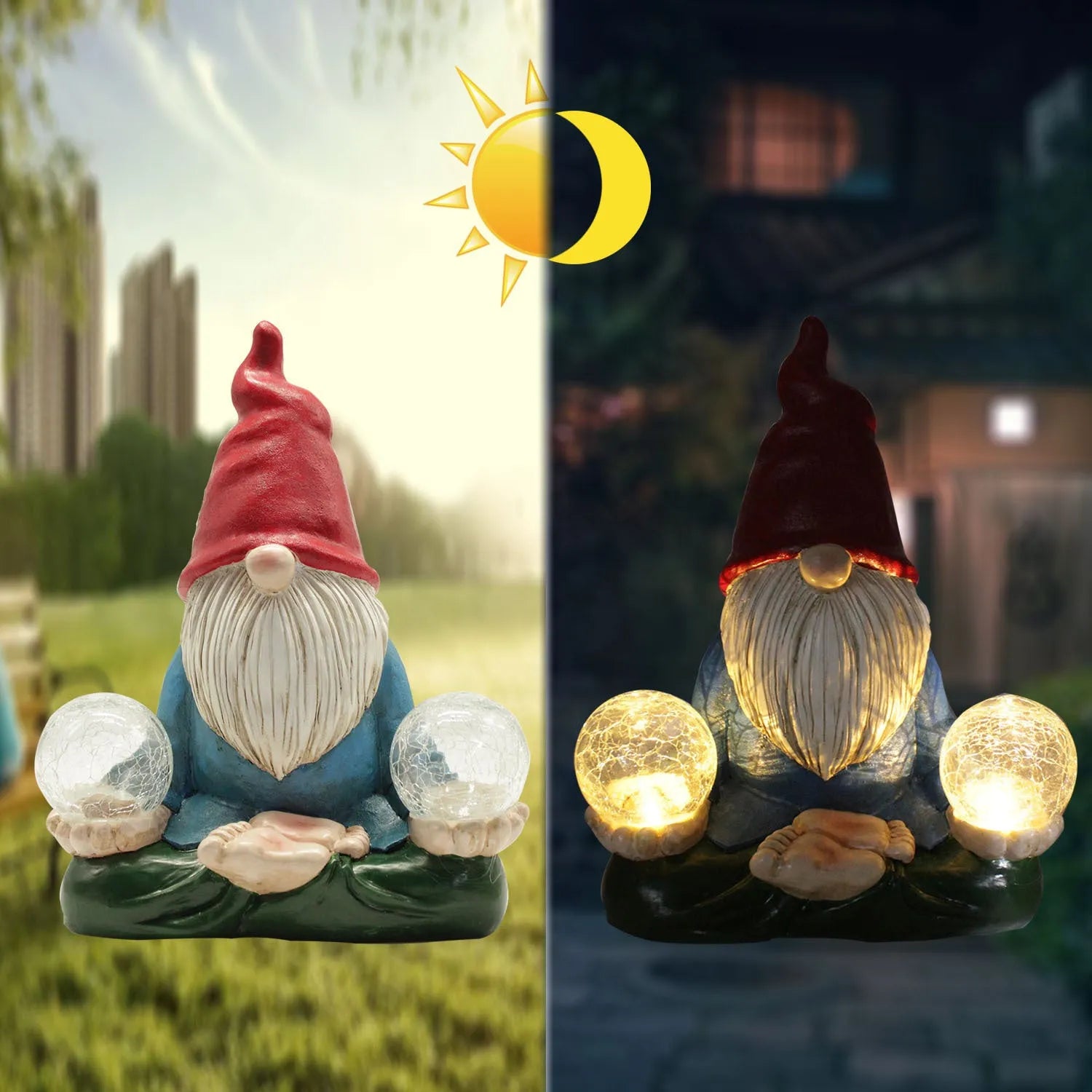 Solar LED resin dwarf garden ornament with faceless old man design, 27x20cm