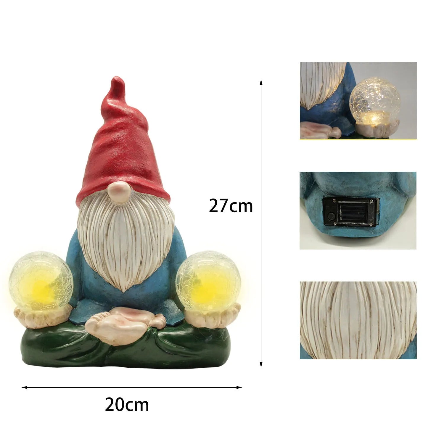 Solar LED resin dwarf garden ornament with faceless old man design, 27x20cm