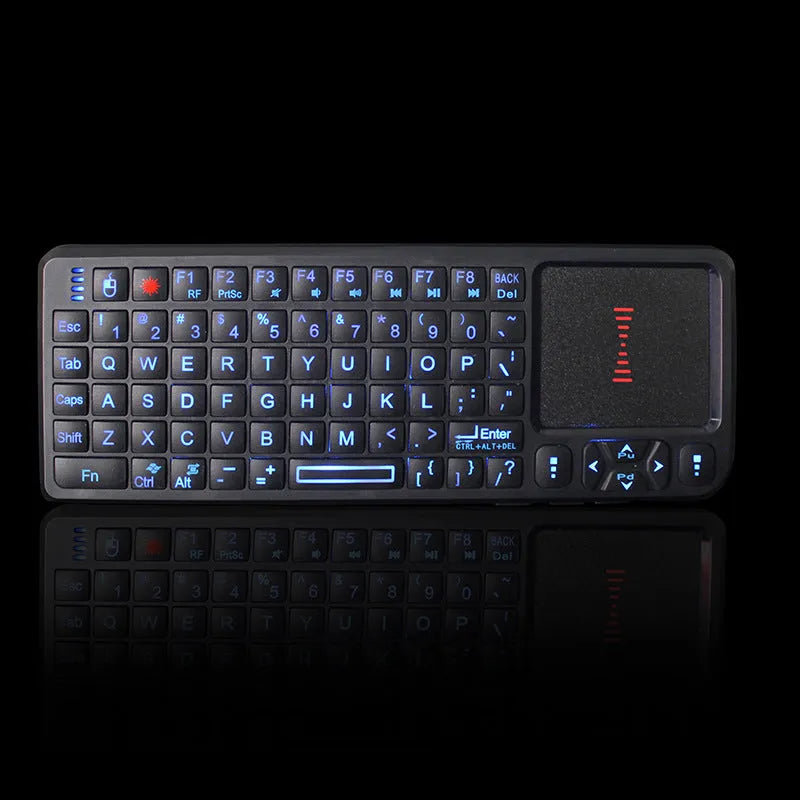 Black wireless teaching laser mini keyboard with touch screen panel showing 151mm compact design