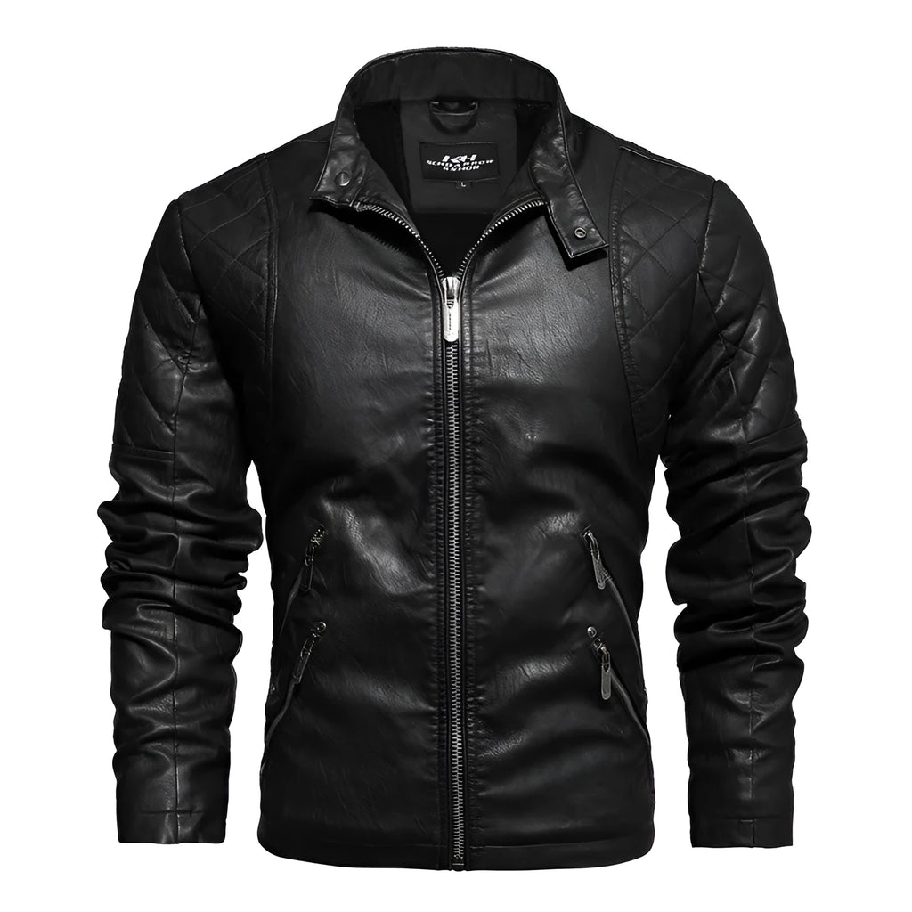 Men's fashion trendy PU leather jacket with stand-up collar and zipper front in yellow, black, and coffee colour options