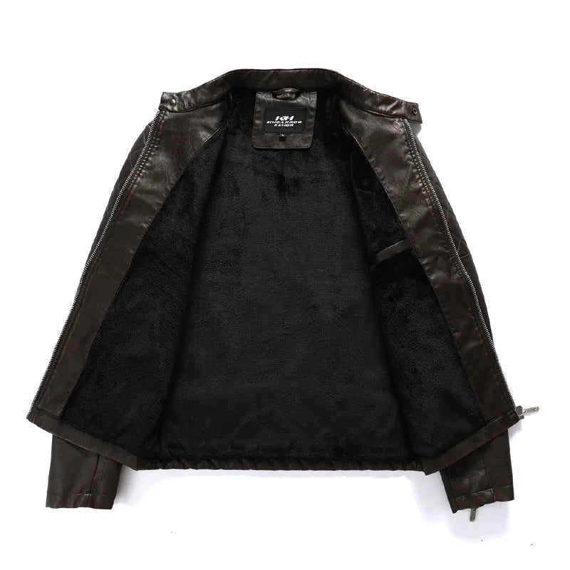 Men's fashion trendy PU leather jacket with stand-up collar and zipper front in yellow, black, and coffee colour options