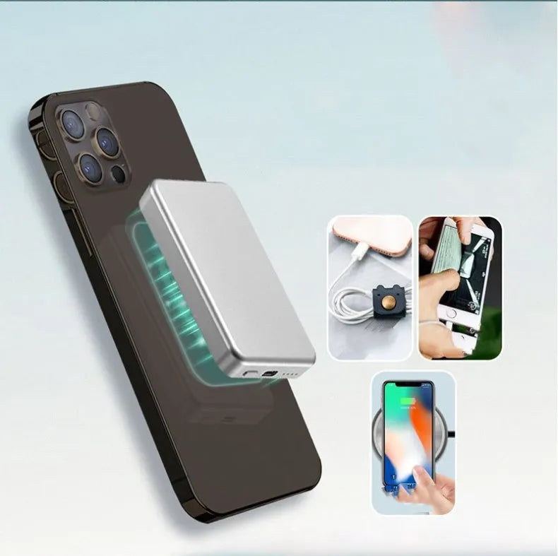 Silver aluminium magnetic wireless power bank for Apple devices with 5000mAh capacity
