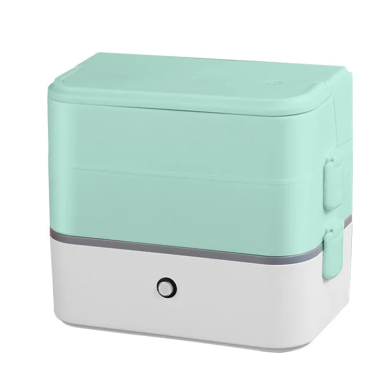 Double-layer portable heated lunch box with stainless steel tanks and plastic housing