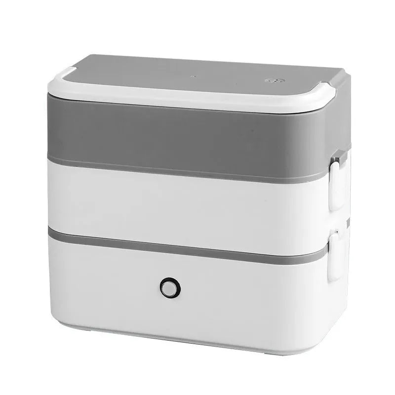 Double-layer portable heated lunch box with stainless steel tanks and plastic housing