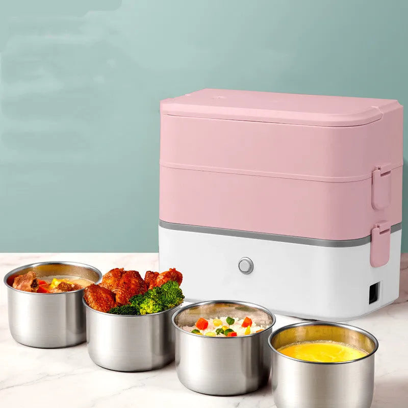 Double-layer portable heated lunch box with stainless steel tanks and plastic housing
