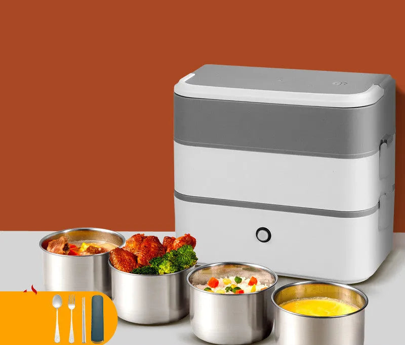 Double-layer portable heated lunch box with stainless steel tanks and plastic housing