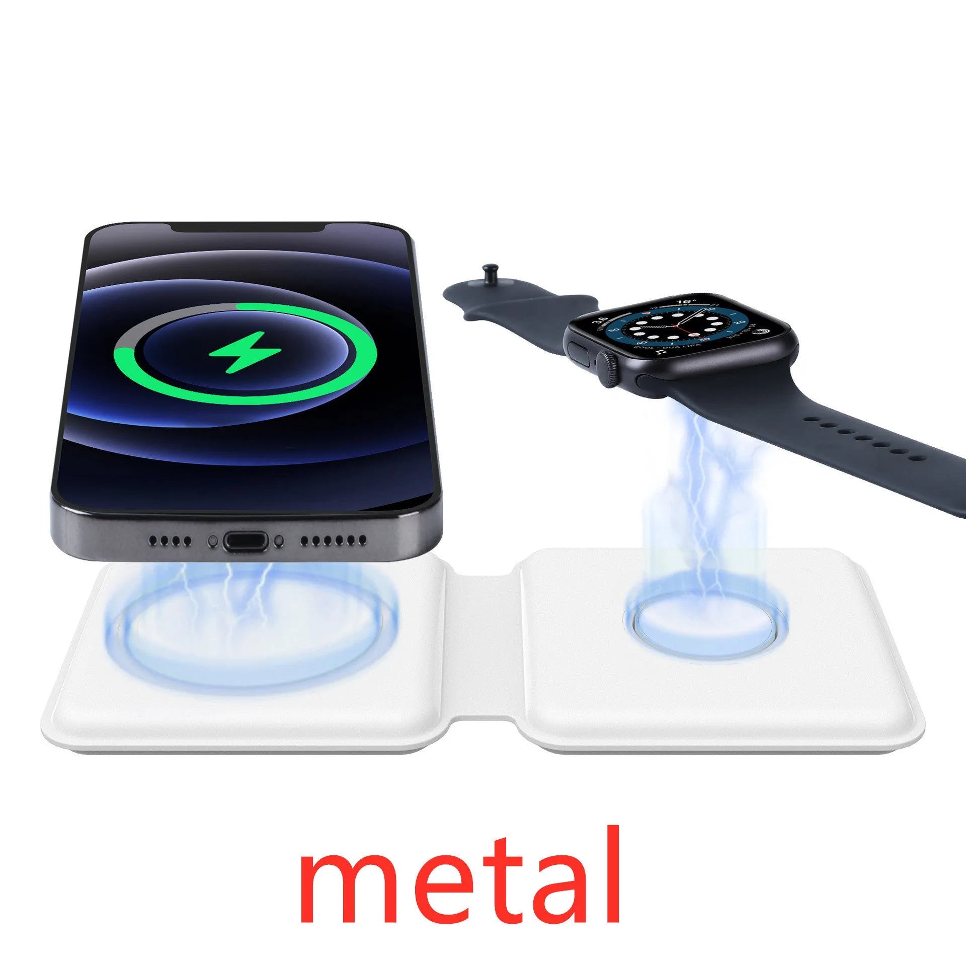 White 2 in 1 magnetic wireless charging dock with foldable design and dual charging surfaces