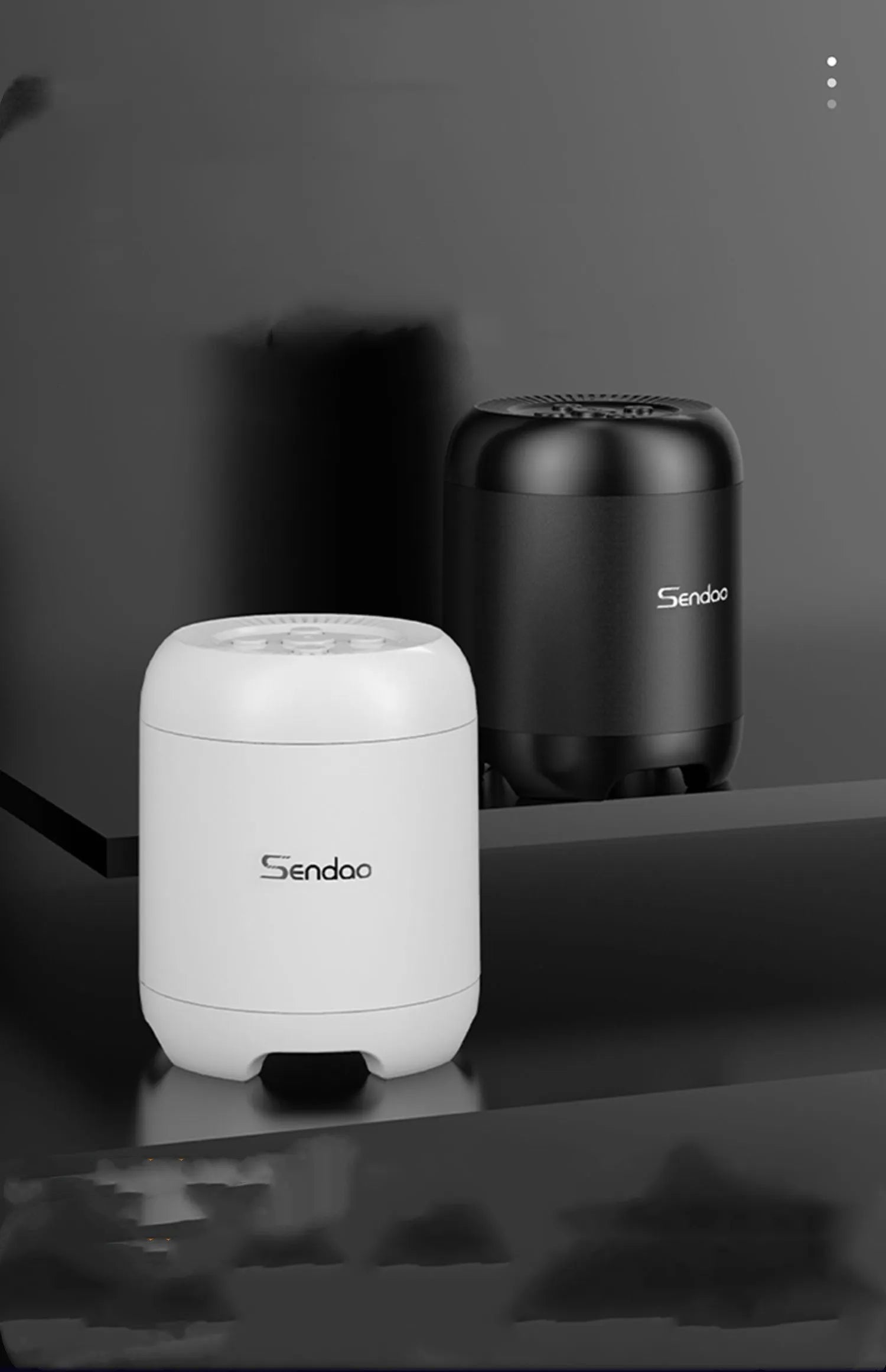 Compact black or white wireless Bluetooth speaker with subwoofer function and microSD card slot