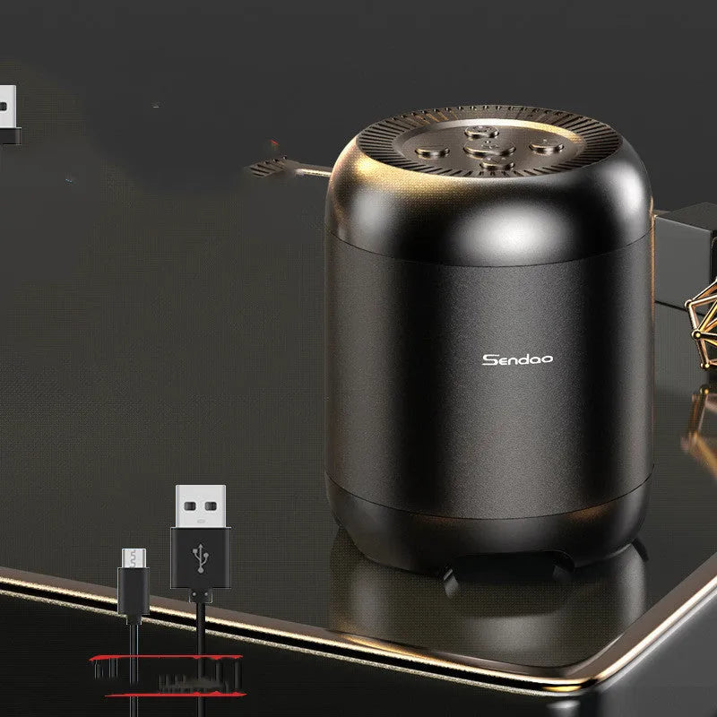 Compact black or white wireless Bluetooth speaker with subwoofer function and microSD card slot