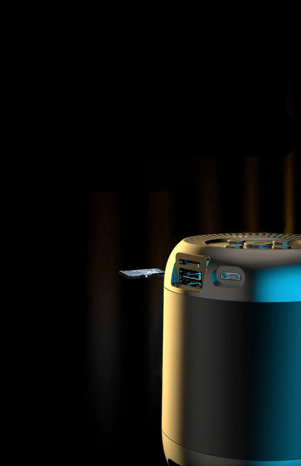 Compact black or white wireless Bluetooth speaker with subwoofer function and microSD card slot