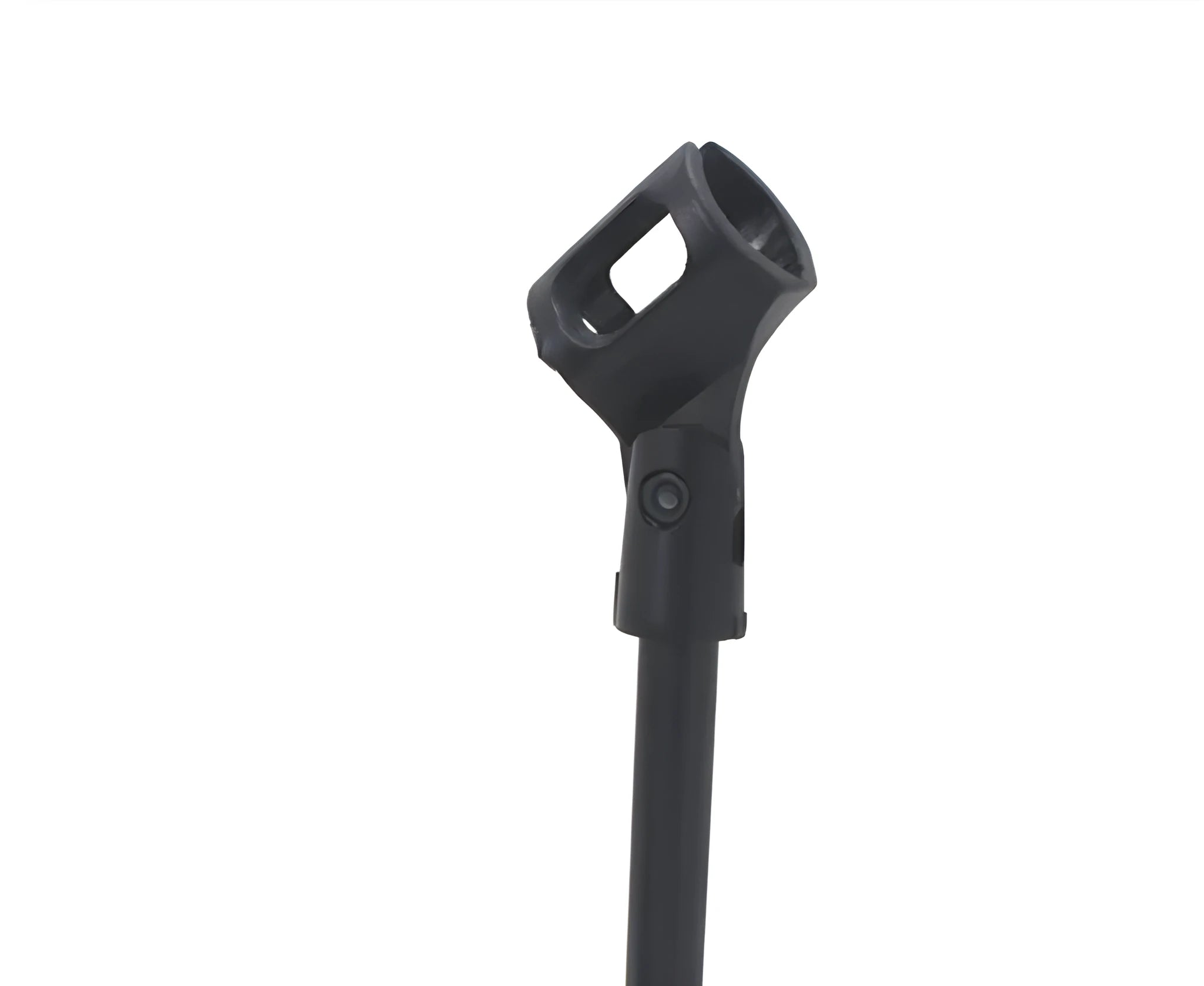 Black metal desktop microphone stand with a 10.5cm base and plastic microphone clip.
