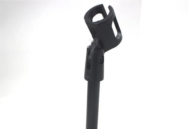 Black metal desktop microphone stand with a 10.5cm base and plastic microphone clip.