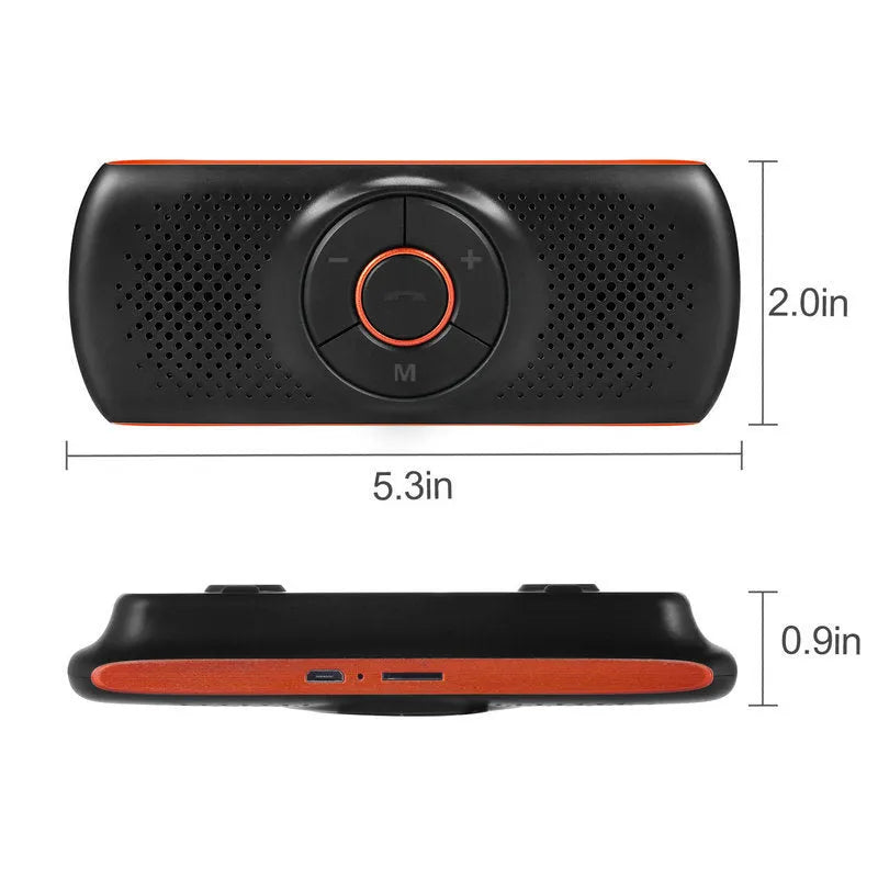 Orange Bluetooth car hands-free speaker unit mounted on a car sun visor