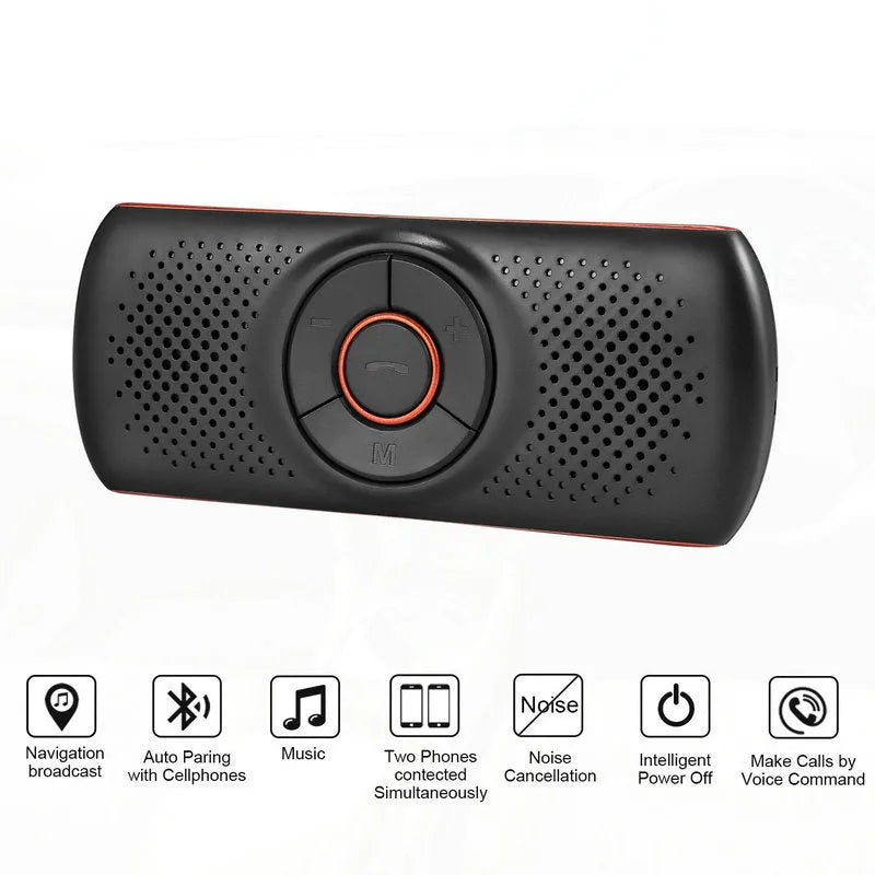 Orange Bluetooth car hands-free speaker unit mounted on a car sun visor