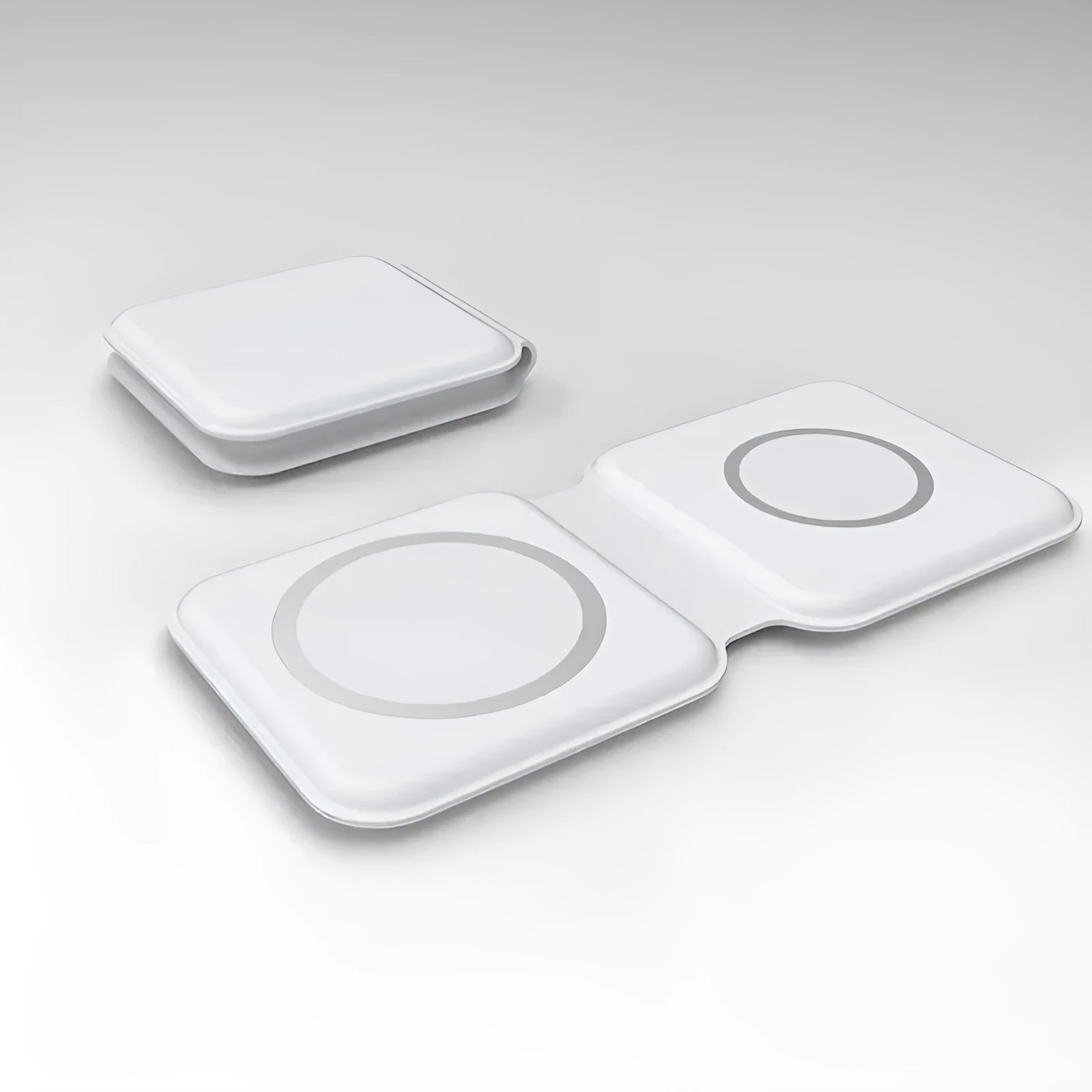 White 2 in 1 magnetic wireless charging dock with foldable design and dual charging surfaces