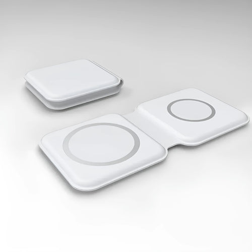 White 2 in 1 magnetic wireless charging dock with foldable design and dual charging surfaces