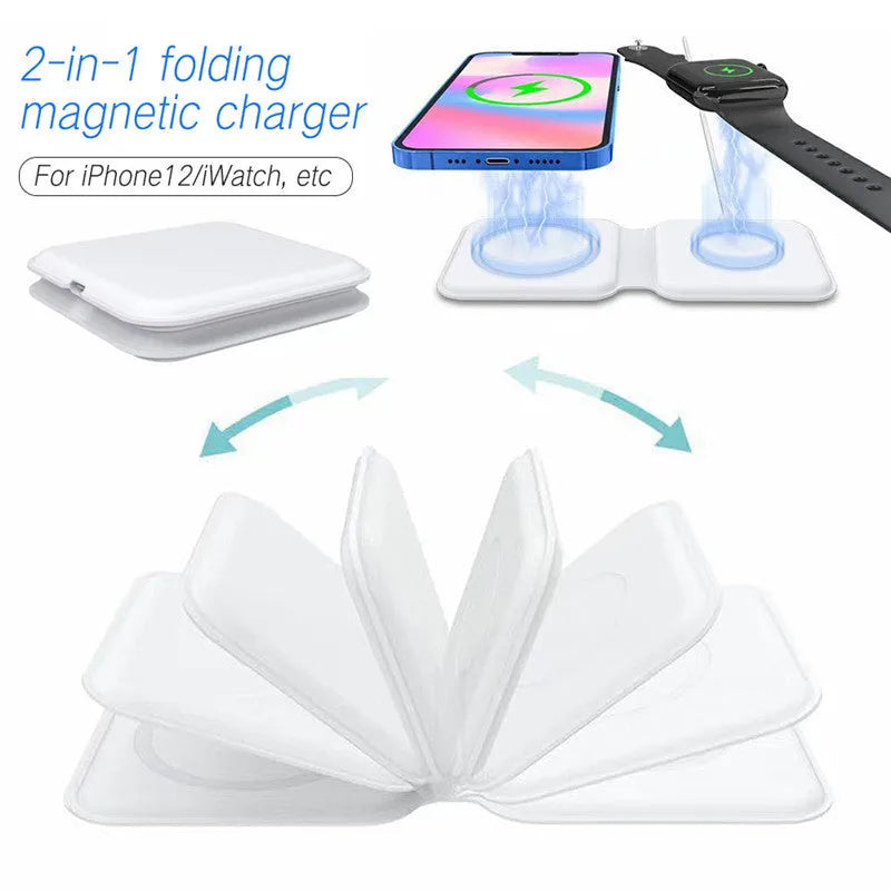 White 2 in 1 magnetic wireless charging dock with foldable design and dual charging surfaces