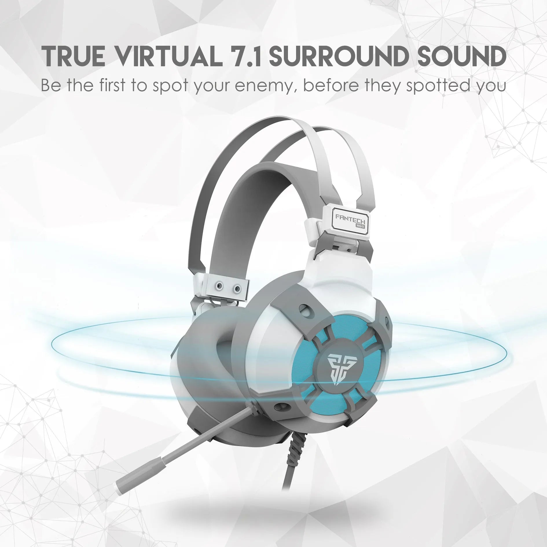 Black FANTECH HG11 USB gaming headset with RGB LED lights and a remote control on its cable.