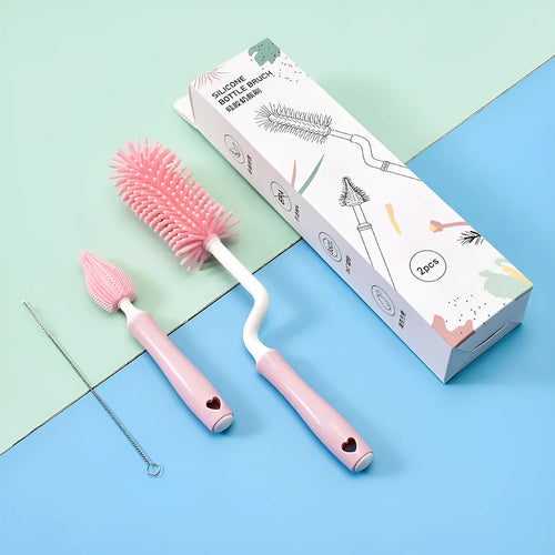 Silicone baby bottle brush set with main brush and straw cleaning attachment