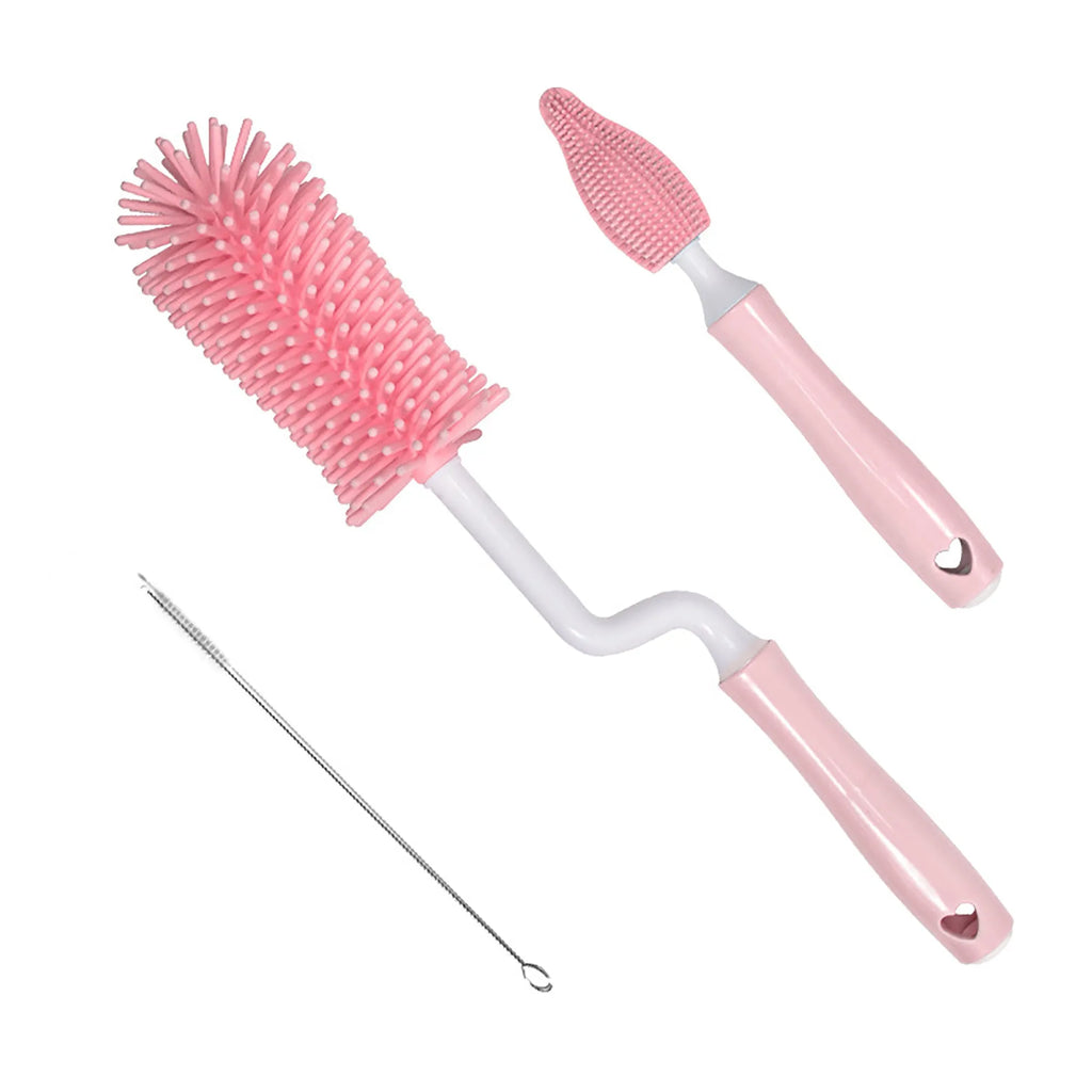 Silicone baby bottle brush set with main brush and straw cleaning attachment