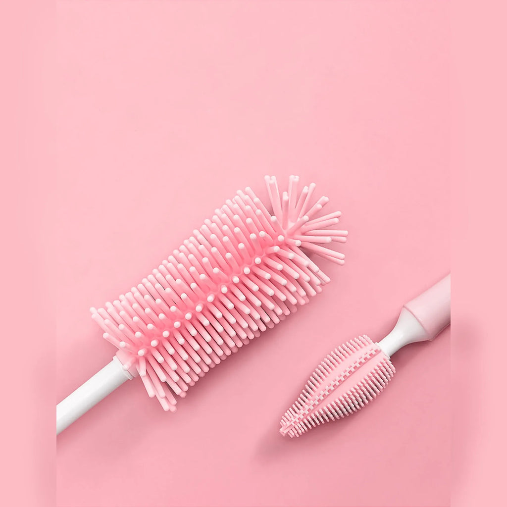 Silicone baby bottle brush set with main brush and straw cleaning attachment