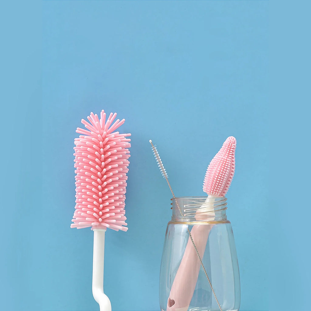 Silicone baby bottle brush set with main brush and straw cleaning attachment