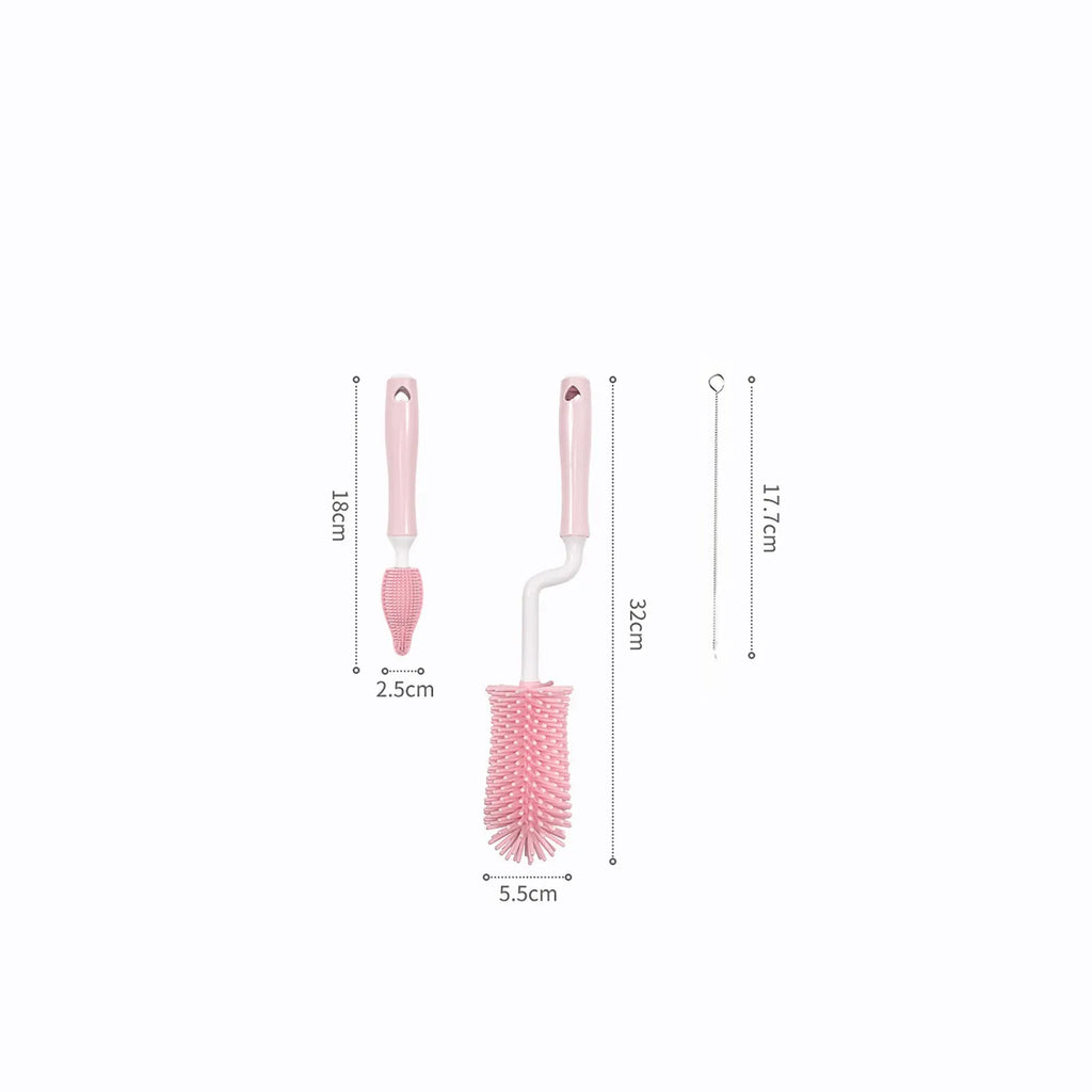 Silicone baby bottle brush set with main brush and straw cleaning attachment