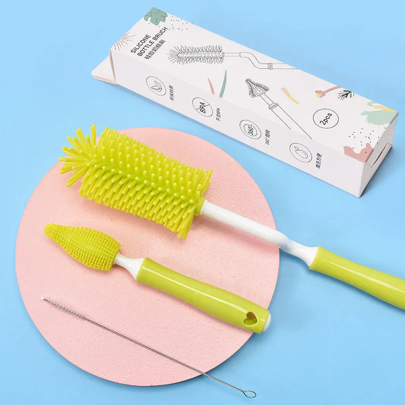 Silicone baby bottle brush set with main brush and straw cleaning attachment